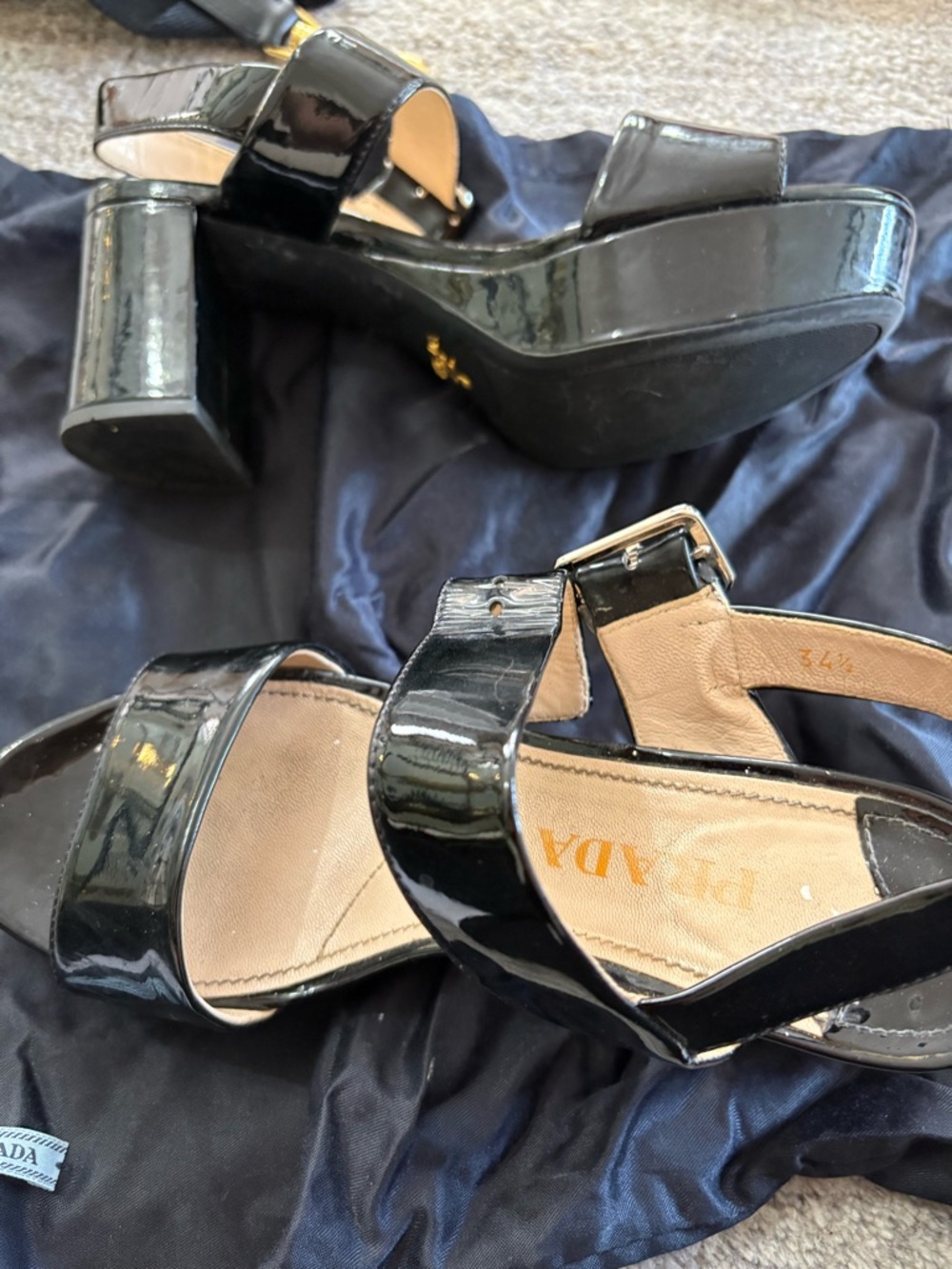 Prada Black Patent Leather Platform Block Heel Sandals